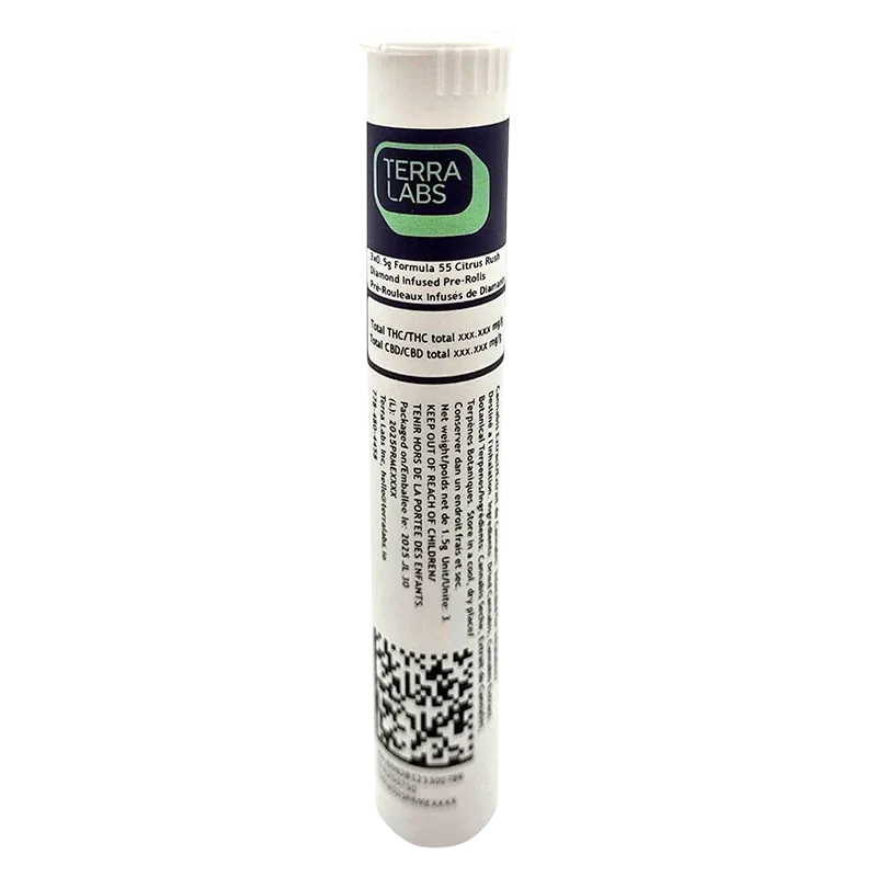 Straight-on view of a white cylindrical tube labeled Terra Labs Formula 55 Citrus Rush Diamond Infused PR 3 x 0.5 g with a green logo and small printed text.