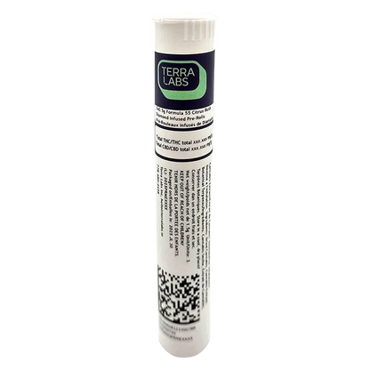 Straight-on view of a white cylindrical tube labeled Terra Labs Formula 55 Citrus Rush Diamond Infused PR 3 x 0.5 g with a green logo and small printed text.