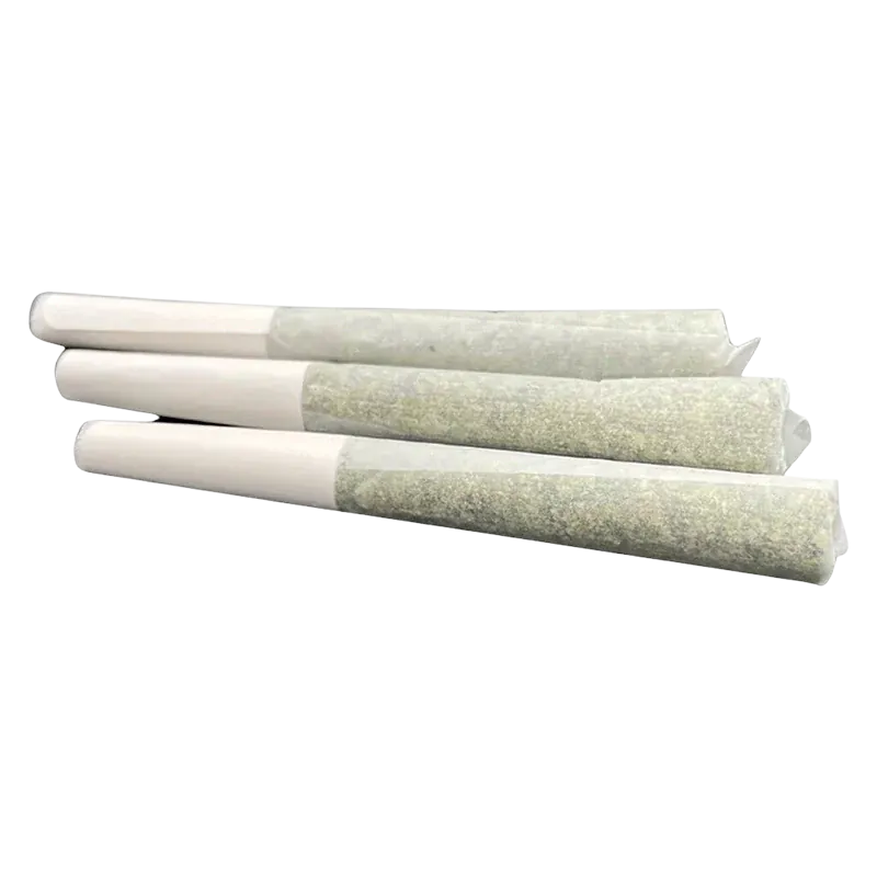 Angled close-up of three Formula 55 Citrus Rush Diamond Infused PR 3 x 0.5 g pre-rolls with white tips on a white background.