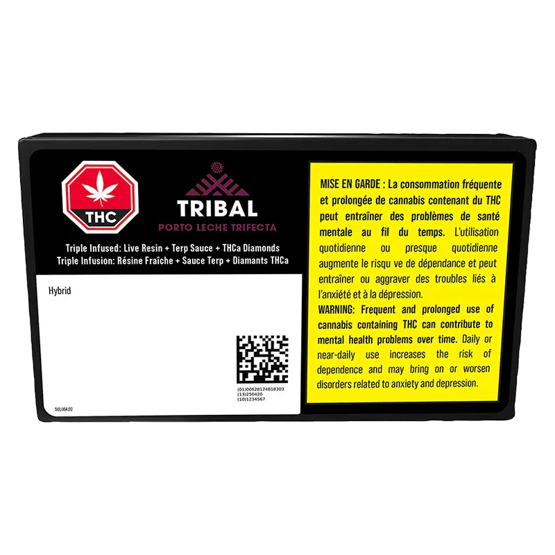 Front-facing label photo of the Tribal Porto Leche Trifecta Infused PR 3 x 0.6 g with black background, red THC icon, yellow bilingual warning panel, and QR code.