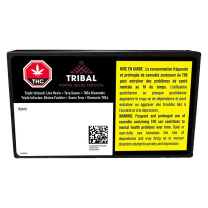Front-facing label photo of the Tribal Porto Leche Trifecta Infused PR 3 x 0.6 g with black background, red THC icon, yellow bilingual warning panel, and QR code.