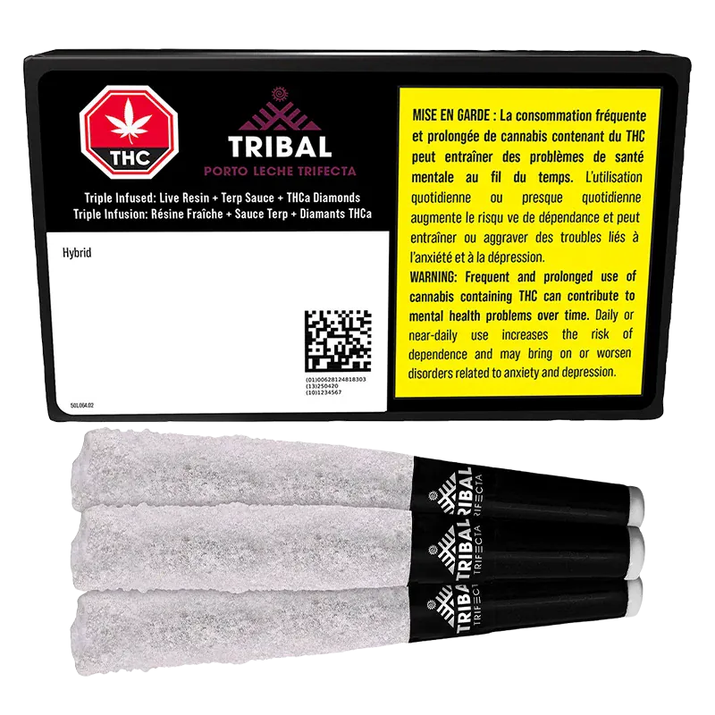 Top-down view of three white sugar-coated pre-rolls beside a black box labeled "Porto Leche Trifecta Infused PR 3 x 0.6 g".