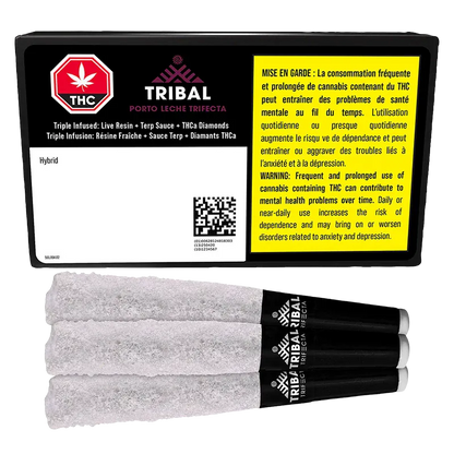 Top-down view of three white sugar-coated pre-rolls beside a black box labeled "Porto Leche Trifecta Infused PR 3 x 0.6 g".