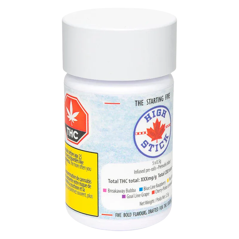 Front three-quarter view of a white plastic jar labeled "Starting Five Infused PR 5 x 0.5 g" with a round "High Stick" logo and a red THC warning badge.
