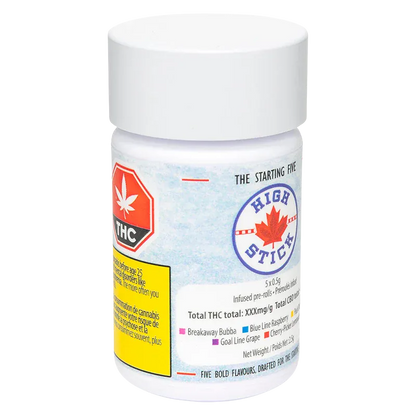Front three-quarter view of a white plastic jar labeled "Starting Five Infused PR 5 x 0.5 g" with a round "High Stick" logo and a red THC warning badge.