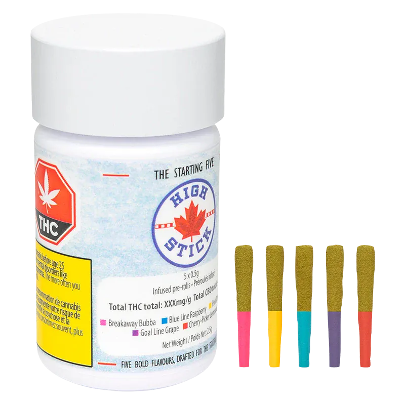 Front view of the Starting Five Infused PR 5 x 0.5 g white plastic jar with five colorful, gold-tipped pre-rolls standing to its right.