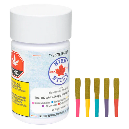 Front view of the Starting Five Infused PR 5 x 0.5 g white plastic jar with five colorful, gold-tipped pre-rolls standing to its right.