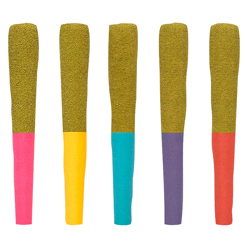 Row of five upright Starting Five Infused PR 5 x 0.5 g sticks with textured gold tops and brightly colored bases against a white background