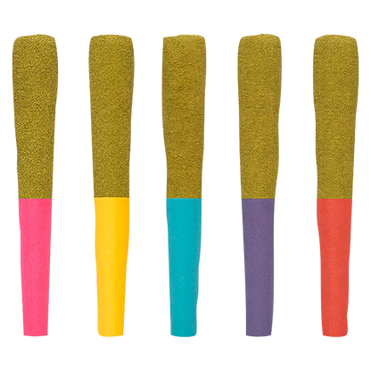Row of five upright Starting Five Infused PR 5 x 0.5 g sticks with textured gold tops and brightly colored bases against a white background