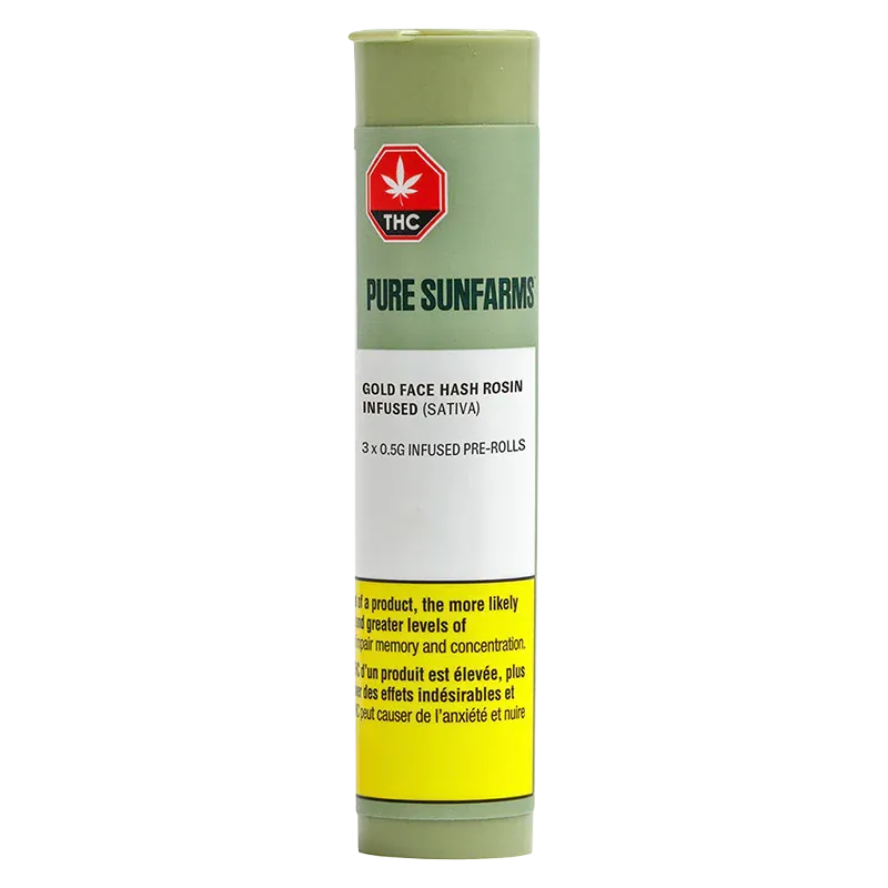 Tall front-facing shot of the Pure Sunfarms Gold Face Hash Rosin Infused PR 3 x 0.5 g tube with green cap, white label text, and a yellow warning panel.