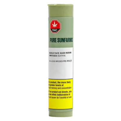 Tall front-facing shot of the Pure Sunfarms Gold Face Hash Rosin Infused PR 3 x 0.5 g tube with green cap, white label text, and a yellow warning panel.