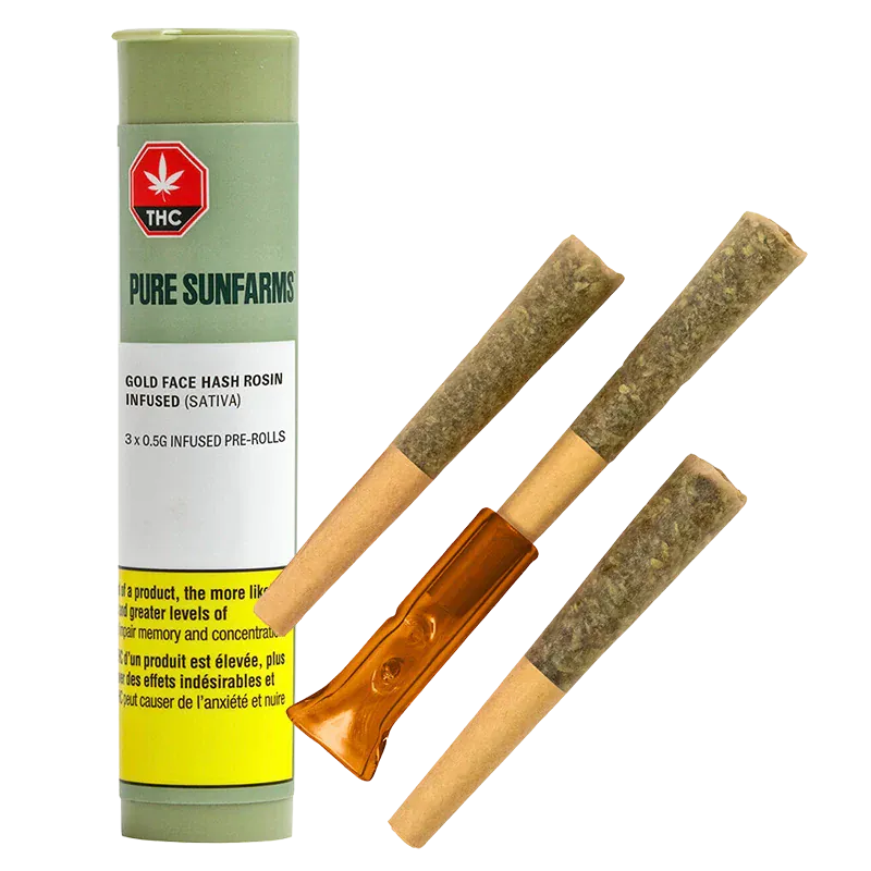 Three pre-rolls and a green tube of Pure Sunfarms Gold Face Hash Rosin Infused PR 3 x 0.5 g shown on a white background, angled slightly and lit from the top.