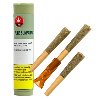 Three pre-rolls and a green tube of Pure Sunfarms Gold Face Hash Rosin Infused PR 3 x 0.5 g shown on a white background, angled slightly and lit from the top.
