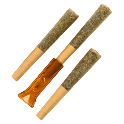 Top-down view of three pre-rolls and an amber rosin puller, labeled Gold Face Hash Rosin Infused PR 3 x 0.5 g.