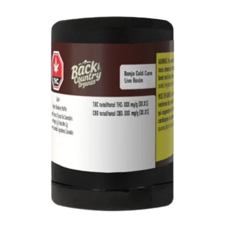 Front-facing view of a black cylindrical container labeled "Banjo Cold Cure Live Rosin" with a brown and white wraparound label and small logo.