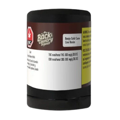 Front-facing view of a black cylindrical container labeled "Banjo Cold Cure Live Rosin" with a brown and white wraparound label and small logo.