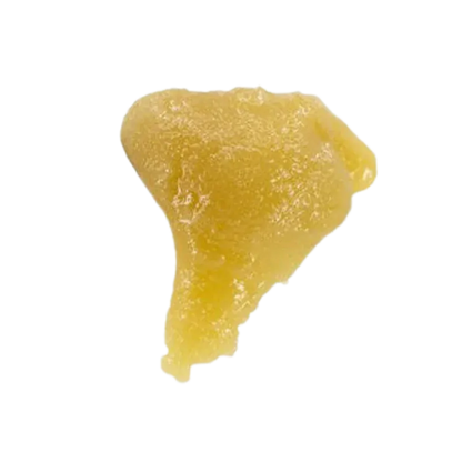 Close-up top-down view of a golden, irregular scoop of Banjo Cold Cure Live Rosin against a plain white background.