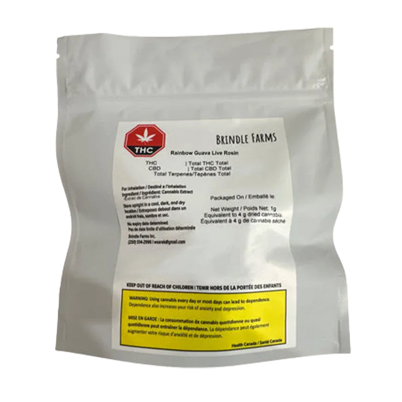 Front-facing shot of a white pouch labeled "Brindle Farms Rainbow Guava Live Rosin" with a red THC symbol and a yellow warning box.