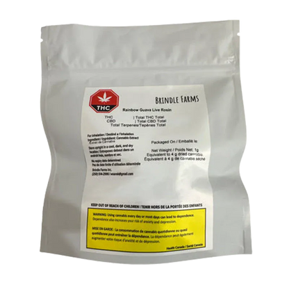 Front-facing shot of a white pouch labeled "Brindle Farms Rainbow Guava Live Rosin" with a red THC symbol and a yellow warning box.