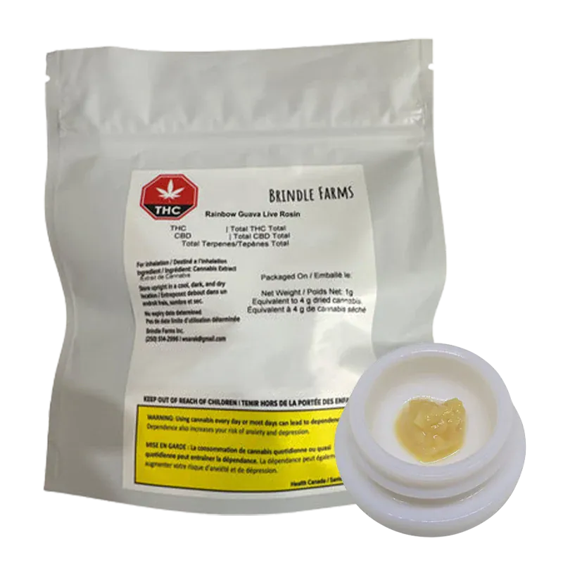 A front-facing shot of Brindle Farms Rainbow Guava Live Rosin pouch and a small white jar with pale yellow rosin inside, on a white background