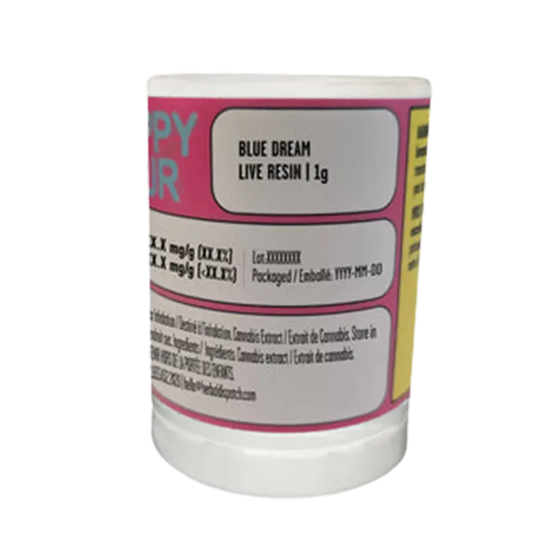 Front-facing close-up of the label reading "Blue Dream Live Resin" on a small white jar with pink and yellow panels.