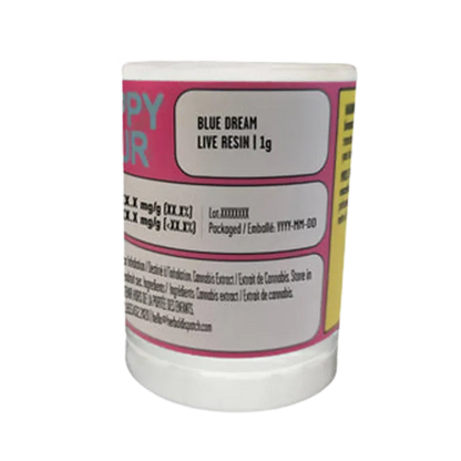 Front-facing close-up of the label reading "Blue Dream Live Resin" on a small white jar with pink and yellow panels.