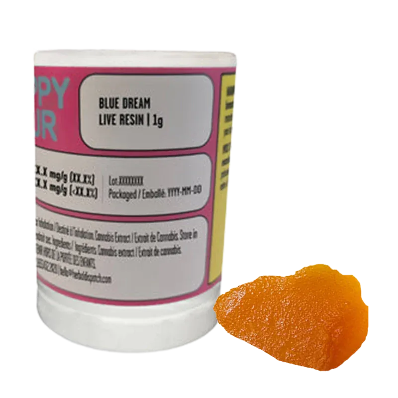 White background product shot showing a jar labeled Blue Dream Live Resin 1 g on the left with an amber-orange resin piece to its right.