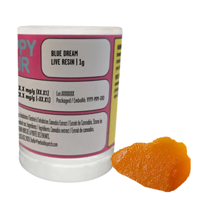 White background product shot showing a jar labeled Blue Dream Live Resin 1 g on the left with an amber-orange resin piece to its right.