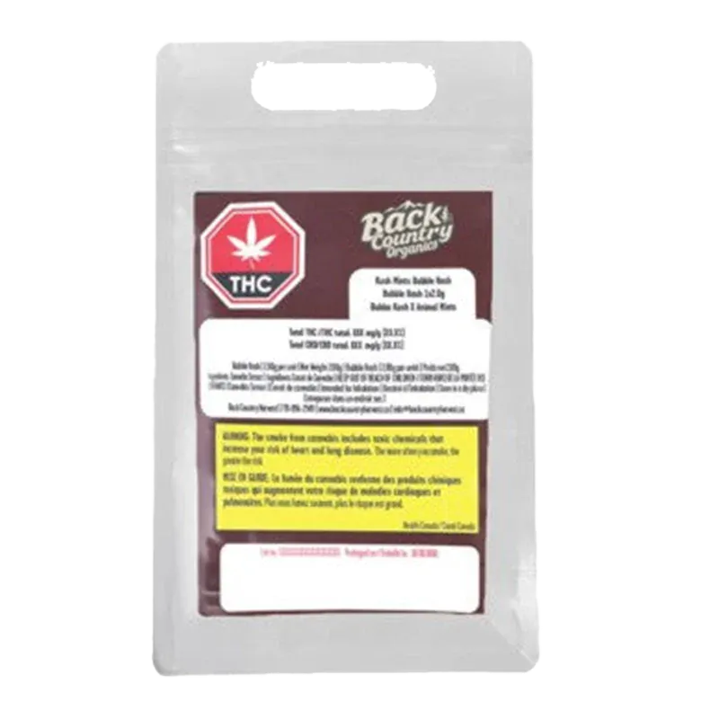 Front-facing shot of a silver pouch labeled "Kush Mints Classic Gummy Hash" with a maroon panel, THC stop sign icon, and yellow warning box.