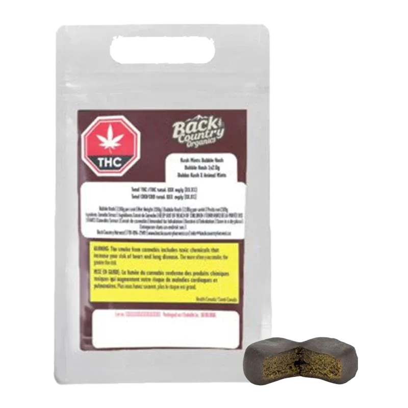 Front view of the packaged Back Country Organics Kush Mints Classic Gummy Hash with a bitten dark brown gummy shown at lower right.