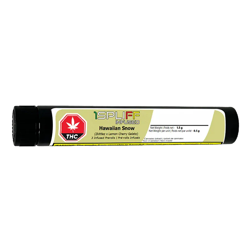 Horizontal studio shot of a black tube labeled "Hawaiian Snow Infused PR 3 x 0.5 g" with a white and pale yellow product label and a red THC icon