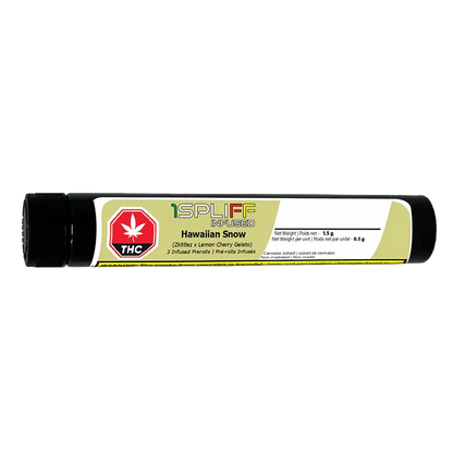 Horizontal studio shot of a black tube labeled "Hawaiian Snow Infused PR 3 x 0.5 g" with a white and pale yellow product label and a red THC icon