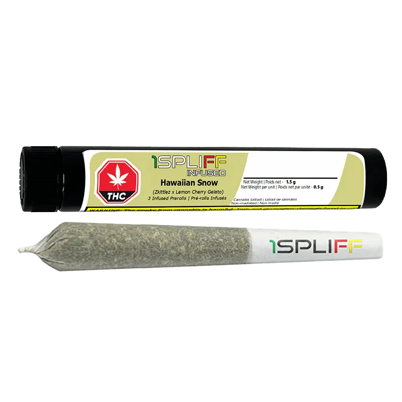 Horizontal product shot of a pre-roll and its black tube packaging labeled "Hawaiian Snow Infused PR 3 x 0.5 g" with a white background.