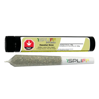 Horizontal product shot of a pre-roll and its black tube packaging labeled "Hawaiian Snow Infused PR 3 x 0.5 g" with a white background.