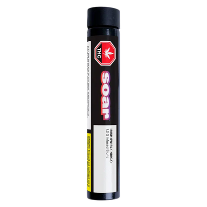 Centered vertical view of a black tube labeled "Soar" containing the Irish Swirl Diamond Dipped Infused Blunt PR 1 x 1.2 g, shown against a plain white background.