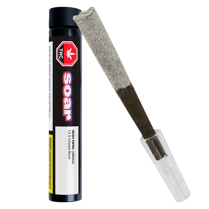 Right-angled studio shot of the Irish Swirl Diamond Dipped Infused Blunt PR 1 x 1.2 g tube standing next to the dark, diamond-dusted blunt with a clear plastic tip.
