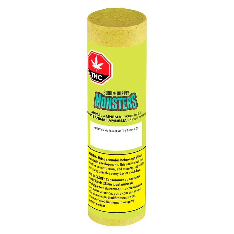 Tall front-facing shot of the bright yellow Monsters Animal Amnesia Infused PR 1 x 2.38 g tube showing the THC symbol, colorful logo and warning label.