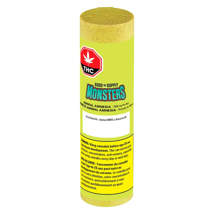Tall front-facing shot of the bright yellow Monsters Animal Amnesia Infused PR 1 x 2.38 g tube showing the THC symbol, colorful logo and warning label.