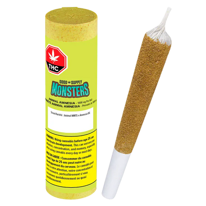 Angled view of a pre-rolled cone beside its bright yellow tube packaging labeled "Monsters Animal Amnesia Infused PR 1 x 2.38 g" on a white background.