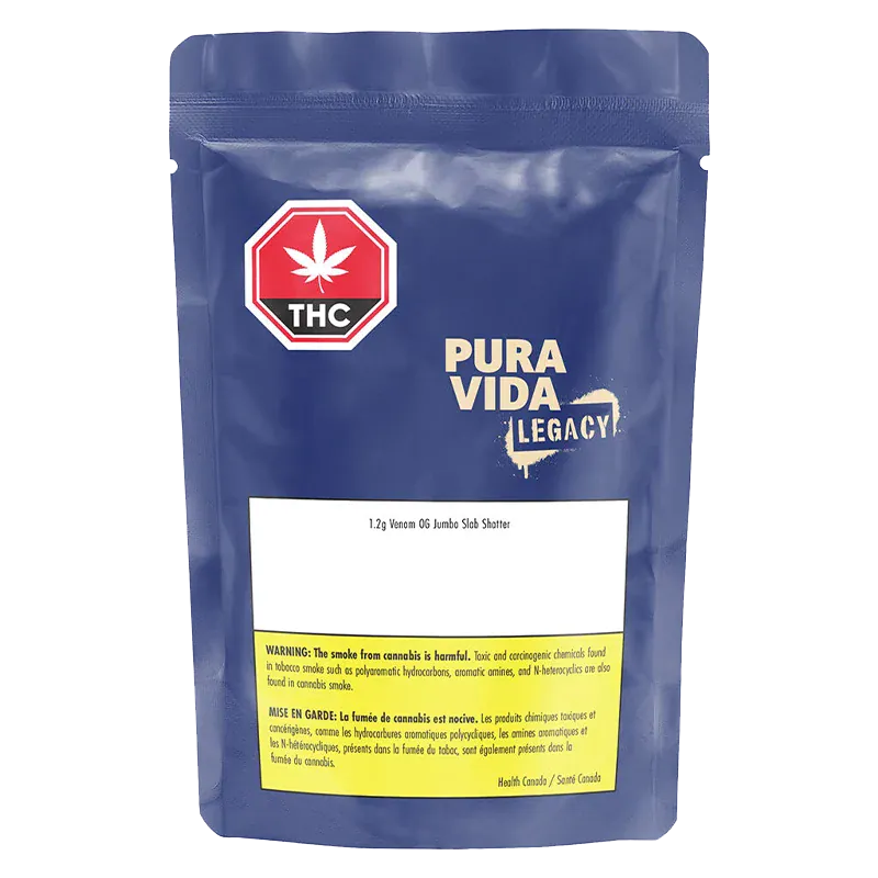 Front-facing shot of the blue pouch labeled "PURA VIDA LEGACY Venom OG Jumbo Slab Shatter" with a red THC octagon and warning text near the bottom.