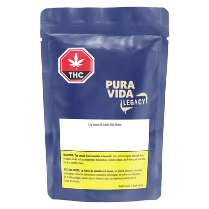 Front-facing shot of the blue pouch labeled "PURA VIDA LEGACY Venom OG Jumbo Slab Shatter" with a red THC octagon and warning text near the bottom.