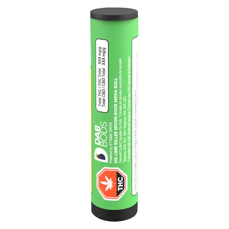 Tall vertical view of the green OG Lime Killer Moon Rock Infused PR 1 x 1.5 g tube with a black cap and THC symbol.