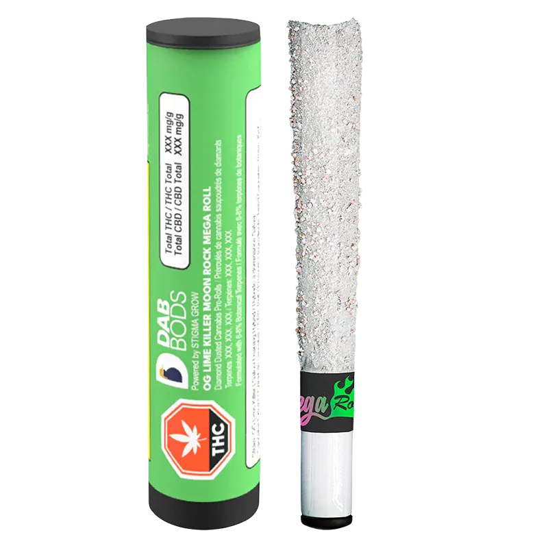 Studio-lit front view of OG Lime Killer Moon Rock Infused PR 1 x 1.5 g tube and its glittery, coated pre-roll standing side-by-side.