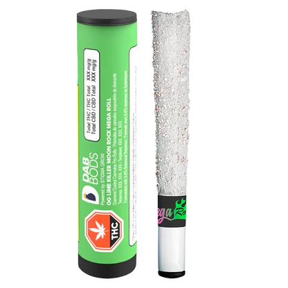 Studio-lit front view of OG Lime Killer Moon Rock Infused PR 1 x 1.5 g tube and its glittery, coated pre-roll standing side-by-side.