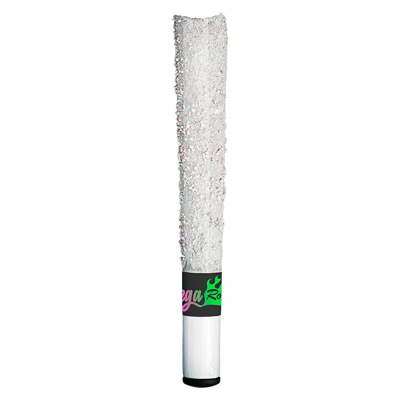 Vertical close-up of an OG Lime Killer Moon Rock Infused PR 1 x 1.5 g pre-roll with a crystallized white top and branded black band near the filter