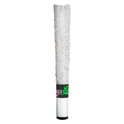 Vertical close-up of an OG Lime Killer Moon Rock Infused PR 1 x 1.5 g pre-roll with a crystallized white top and branded black band near the filter