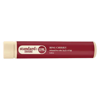 Horizontal studio shot of a maroon tube labeled "Bing Cherry Infused PR 2 x 0.5 g" with cream end caps and clear product branding.