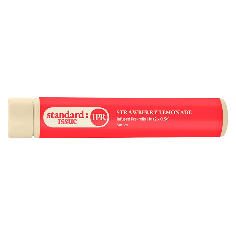 Horizontal studio shot of the Strawberry Lemonade Infused PR 2 x 0.5 g red tube with beige caps and centered white logo text.