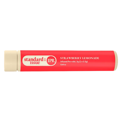 Horizontal studio shot of the Strawberry Lemonade Infused PR 2 x 0.5 g red tube with beige caps and centered white logo text.