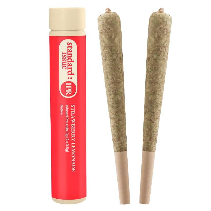 Close-up front view of the Strawberry Lemonade Infused PR 2 x 0.5 g tube beside two tapered pre-rolls on a white background